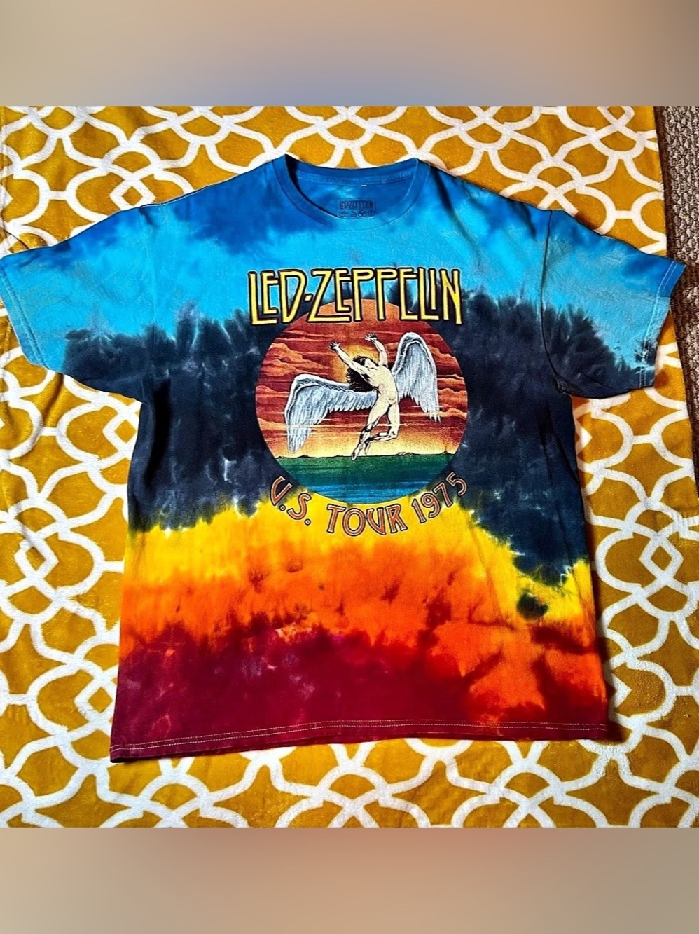Led Zeppelin U.S. Tour 1975 Tie-Dye T-Shirt Tie-Dye Graphic Tee Blue & Red Large